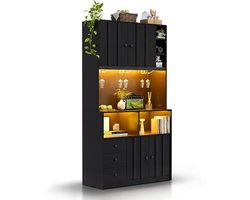 Keukenkast met LED Verlichting - Hoge Kast met Stopcontact en Wijnrek - Multifunctioneel Koffiebar Meubel - Voor Keuken en Eetkamer - 100x40x180 cm