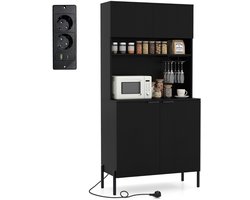 Keukenkast met Oplaadstation Buffetkast met Deuren Verstelbare Plank Kast voor Eetkamer en Woonkamer-Zwart