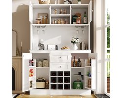 Keukenkast met verstelbare planken en een wijnrek - hoge kast met vier deuren en twee laden - zijkast - buffetkast - wit