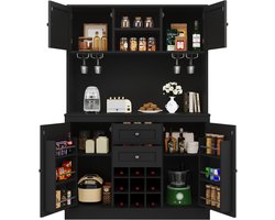 Keukenkast met verstelbare planken en een wijnrek - hoge kast met vier deuren en twee laden - zijkast - buffetkast - zwart