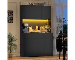 Keukenkast Met Werkblad en LED Verlichting – Hoge Buffetkast Met Stopcontact, USB, 8 Opbergvakken & 2 Laden – Keuken Buffetkast Voor Woonkamer, Keuken & Eetkamer – 100x38.5x180 cm – Zwart – House&Garden