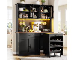 Keukenkast op wieltjes - hoge kast met LED-verlichting - voorraadkast met wijnglashouder en wijnrek - buffetkast voor de eetkamer