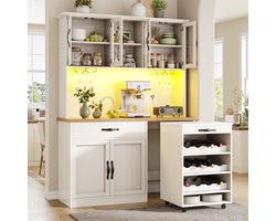 Keukenkast op wieltjes - hoge kast met LED-verlichting - voorraadkast met wijnglashouder en wijnrek - buffetkast voor de eetkamer
