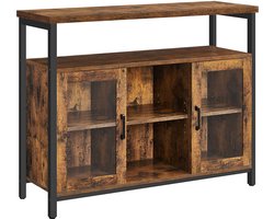 keukenkast, opbergkast met 2 transparante glazen deuren, verstelbare planken, voor keuken, eetkamer, 100 x 35 x 80 cm, industriële stijl, vintage bruin-zwart LSC095B01