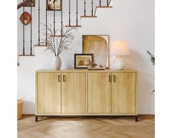 Keukenkast Opbergmeubel 160x35x80 cm – 4 Deuren & 2 Instelbare Planken, Buffetkast Keuken/Woonkamer/Eetkamer, Natuurlijk Hout