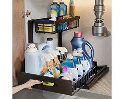 Keukenkast Organizer - Gootsteenkast Organizer - Uitschuifbare lade - Antislip - Aanrecht Organiser - Keuken Organizers - Badkamer organizer - Gootsteenkast - Zwart