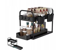 Keukenkast Organizer - Opbergrek - 2 Laags Uittrekbaar Rek - Met 4 Haakjes & 2 Manden - Stevig & Roestvrij - Voor Kast, Badkamer & Inloopkast - Eenvoudige Montage & Schoonmaken