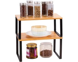Keukenkast organizer set van 2 - Uitbreidbaar en stapelbaar kruidenrek - Zwart en natuurlijke kleuren koffie rek