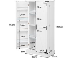 Keukenkast van 128,5 cm hoog, landelijke opbergkast – LED-voorraadkast met 2 draaideuren en verstelbare planken voor kleine ruimtes in de eetkamer of woonkamer, wit met diepe printstructuur.