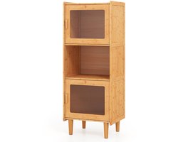 Keukenkast van Bamboe 3 Verdiepingen Tellende Buffetkast met 2 Acryldeuren en Open Vak Vitrinekast Vrijstaand Voorraadkast voor Woonkamer