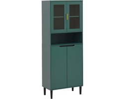 Keukenkast Vitrinekast Hoge kast Hoge boekenkast met gehard glazen deur en verstelbaar blad, 4 deuren, gelakte MDF-kast, groen, opbergruimte voor woonkamer en slaapkamer
