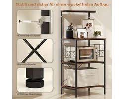 Keukenkastje – Keukenrek – Opbergkast – Voorraadkast – Staande Kast – 4 Laags – IJzeren Frame – Werkbank Met 8 Haken – Bruin Zwart – Stevig – Eenvoudig Te Monteren