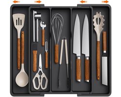 Keukenlade-organizer, uitbreidbare grote besteklade voor de keuken, verstelbare bestekhouder, kunststof keukenspatel, opbergverdeler voor gereedschap en gadgets, zwart