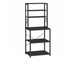 Keukenopbergrek 6-laags multifunctioneel 40×60×167cm zwart, met verstelbare middelste en onderste planken + 6 haken, stevig en duurzaam, geschikt voor magnetron, koffiezetapparaat, keuken, koffiebar en bakruimte