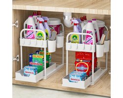 Keukenorganizer, 2 etages onder wastafel rek met 4 haken en 2 kopjes, spoelkastorganizer, badkamerorganisatie, kastorganisatie, opbergsysteem voor keuken, huishouden en wonen