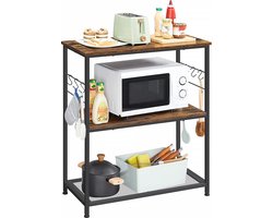keukenplank, magnetronplank, kookeiland, staand rek, metalen frame, 3 planken, open, 6 haken, multifunctionele plank, 80 x 40 x 90 cm, industrieel design, vintage bruin-zwart KKI002B01