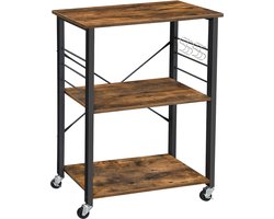keukenplank op wieltjes, serveerwagen met 3 planken, magnetronplank, voor mini-oven, broodrooster, waterkoker, metaal, met 6 haken, industrieel ontwerp, vintage bruin-zwart KKS60XV1