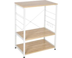 Keukenplank Opbergplank 60x40x82cm in Spaanplaat en Metaal, Magnetronrek Opbergvak Wit+Licht Eiken
