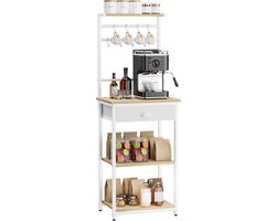 Keukenrek, bakkersrek, koffiebar, 5 planken, 8 haken, stoffen laden, stalen frame, 43 x 33 x 134,5 cm, voor keuken, woonkamer, natuurlijke kleuren