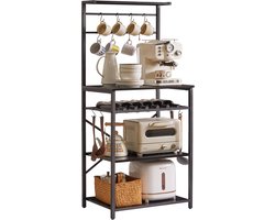 Keukenrek met 5 planken, bakkersrek, staand rek, magnetronrek met verstelbare wijnhouders en S-haken, multifunctionele organizer, voor magnetron, kookgerei, zwart