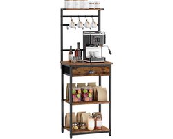 Keukenrek met 5 Planken en 8 Haken, Vintage Organisator voor Koffie en Bakbenodigdheden, Staal en Stoffen Lades, 43 x 33 x 134.5 cm