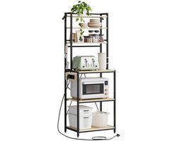 Keukenrek met Stopcontact – Stellingkast - Bakkerskast – 6 Lagen Staand Rek - Opbergrek Keuken – Hout & Metaal – 60x40x167 cm - Licht Eiken