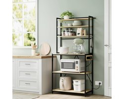 Keukenrek met Stopcontact – Stellingkast - Bakkerskast – 6 Lagen Staand Rek - Opbergrek Keuken – Hout & Metaal – 80x40x167 cm - Licht Eiken