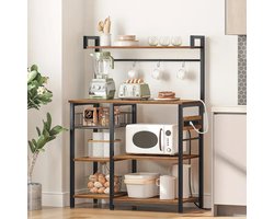 Keukenrek met Stopcontacten – Magnetronrek met 4 S-haken – 40×90×132 cm – Industrieel Design Bruin/Zwart – Vrijstaand Opbergrek voor Keukenapparatuur