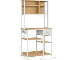 Keukenrek met stopcontacten, staand rek, magnetronrek, verstelbare planken, stoffen lade, 12 haken, 40 x 80 x 180,4 cm, voor magnetrons, keuken, goud-eiken-wolkenwit KKS015Y02
