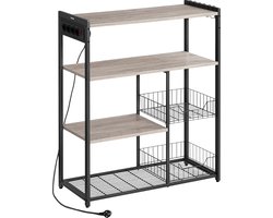 Keukenrek met stopcontacten, staand rek met 2 metalen manden, bakkersrek met haken, 35 x 80 x 93,5 cm, industrieel design, greige gemêleerd-inktzwart