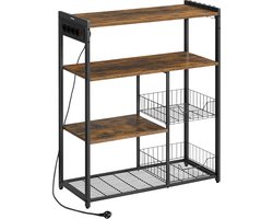 Keukenrek met stopcontacten, staand rek met 2 metalen manden, bakkersrek met haken, 35 x 80 x 93,5 cm, industrieel design, vintage bruin-inktzwart