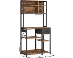 Keukenrek, opbergrek met stopcontacten, verstelbare planken, koffiebalk, stoffen lade en 12 haken, stevig en duurzaam metalen frame, geschikt voor keuken en woonkamer, 40 × 80 × 180,2 cm, bruin + zwart.