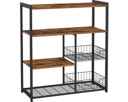 keukenrek, staand rek met 2 metalen manden, bakkersrek met haken en planken, magnetronrek, 80 x 35 x 95 cm, industrieel design, vintage, donkerbruin, KKS96X