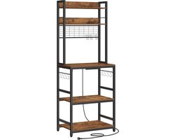 Keukenrek, staand rek met stopcontacten, magnetronrek, met roosterplaat, 14 haken, 40 x 60 x 170 cm, vintage bruin-zwart, Industriestijl