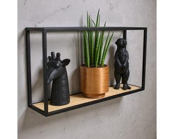 keukenrek wandrek industrieel rechthoek 42cm breed x 24cm hoog x 12cm diep - Wandrek zwart met hout - wandplank Soto rechthoekig - Wandschappen design metaal