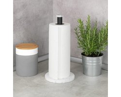 Keukenrolhouder marmer, staande houder voor keukenrollen in elegante marmeren look voor de keuken, met bodem van kunststof en zwarte stang van metaal, (b x d x h): 15 x 32 cm, wit