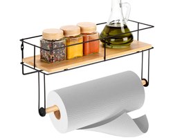 Keukenrolhouder met Plank Metaal Zwart 37x12,5x18,5cm - Papieren Handdoekenrek - Rollenhouder Hangend - Houder