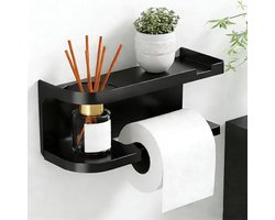 Keukenrolhouder - Opbergrek - Toiletrolhouder met Plank - WC Rolhouder - Kunststof Badkamer Organizer - Zelfklevend - Voor Badkamer, Keuken, Camper - Zwart