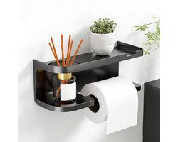 Keukenrolhouder - Opbergrek - Toiletrolhouder met Plank - WC Rolhouder - Kunststof Badkamer Organizer - Zelfklevend - Voor Badkamer, Keuken, Camper - Grijs