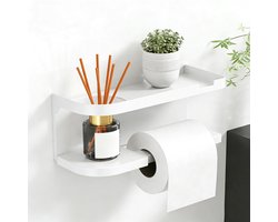 Keukenrolhouder - Opbergrek - Toiletrolhouder met Plank - WC Rolhouder - Kunststof Badkamer Organizer - Zelfklevend - Voor Badkamer, Keuken, Camper - Wit
