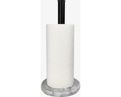 Keukenrolhouder Saint keukenrolhouder - Tafelkeukenrolhouder - Marmeren keukenrolhouder - RVS en marmer - wit met zwart - keukenrolhouder staand - keukenaccessoire - keukenpapierhouder - 15 x 32