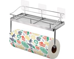 Keukenrolhouder voor aan de muur met rek, zelfklevend, 3 m, zonder boren, keukenorganizer, rek voor specerijen en papierrol, wandhouder, roestvrij staal, chroomafwerking