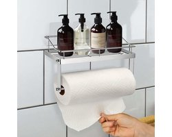 Keukenrolhouder voor aan de muur met rek, zelfklevend, 3 m, zonder boren, keukenorganizer, rek voor specerijen en papierrol, wandhouder, roestvrij staal, chroomafwerking