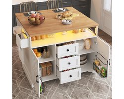 Keukenroltafel met inklapbare tafel en LED-verlichting - snacklade - mobiele barbijzettafel - kast - eettafel met opbergruimte