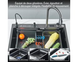 Keukenspoelbak, digitale watervalspoelbak, roestvrijstalen spoelbak, met grijze trekkraan en snijplank, multifunctioneel, complete spoelbakaccessoires (75 x 45 cm)
