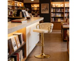 Keukenstoel - Kruk met Zacht Kussen - Comfortabel - Schuim/Metaal/Fluweel - Crèmewit