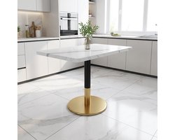Keukentafel - 80 x 60 cm - Kleine Rechthoekige Eettafel Marmer Look met Metalen Zuil en Gouden Basis voor 2 Personen - MDF en Metaal - Wit Marmer Look Zwart Goud