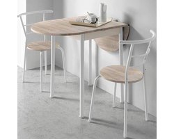 Keukentafelset 115x61x74 cm met 2 Stoelen - Uitschuifbare Halfronde Eettafel Opklapbaar - Kleine Eetkamerset voor Keuken en Appartement - Wit Eiken - Vermissen