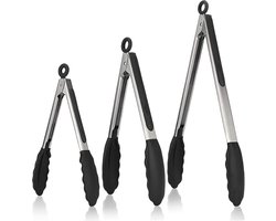 Keukentang RVS 3 Delige Set - Serveertang - BBQ Tang - Barbecue Tang - Vleestang - Vis tang - Grilltang - Saladetang - Keukentangen - BBQ Accessoires - Zwart - Met ophangoog - Keukengerei - Keukengadget - Vaatwasser bestendig - 3 Handige maten
