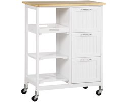Keukentrolley, 67×37×87 cm, wit, spaanplaat, met lades, verrijdbaar, praktisch, stevig en gemakkelijk schoon te maken. Geschikt voor keukens en eetkamers, biedt handige opbergruimte voor keukengerei